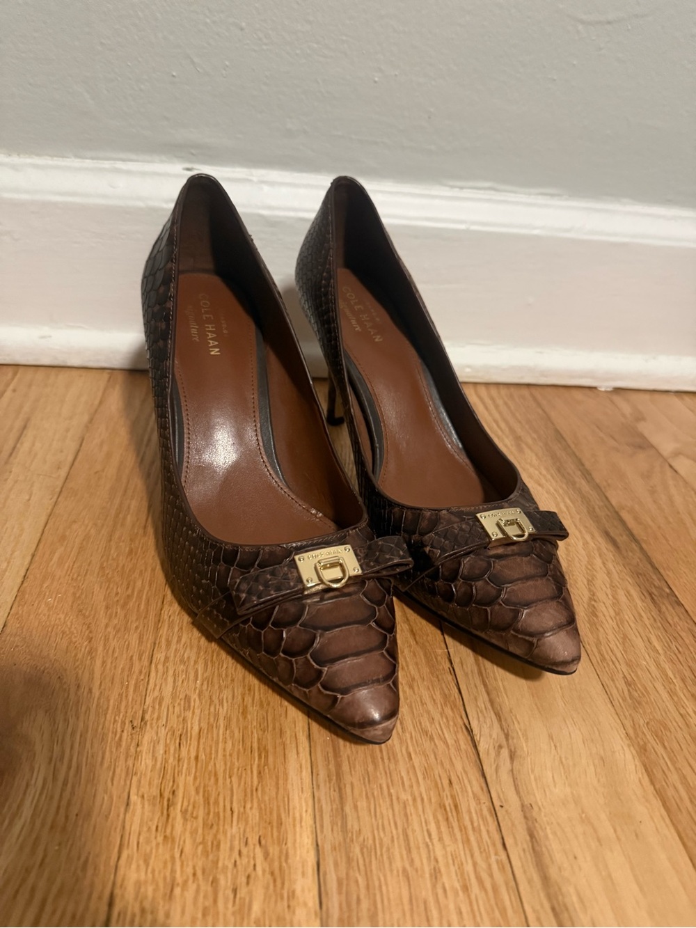 Cole Haan Brown Snakeskin Pointed Toe Pumps with Gold Buckle